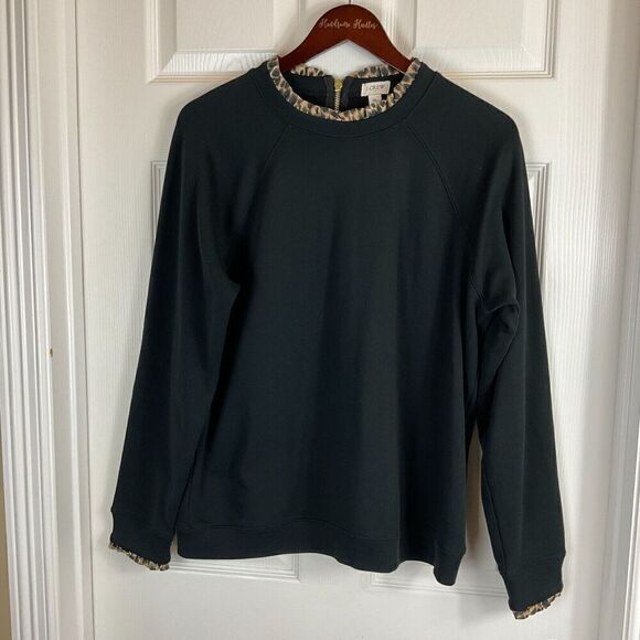 J Crew Women Black Sz XL Sweatshirt Animal Print Trim Pullover Zipper Comfort N3 - Picture 2 of 11